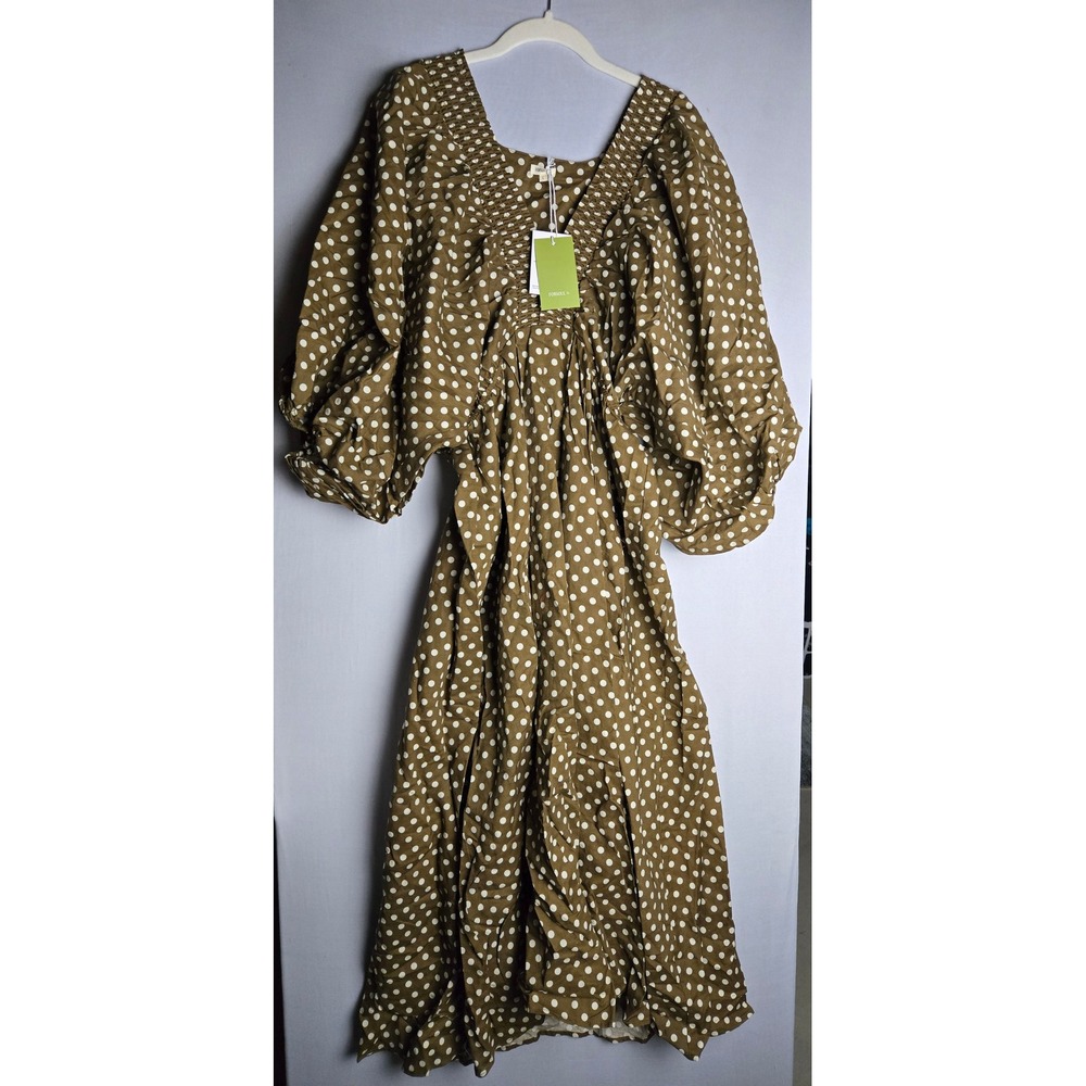 FORSOUL The Label Polka Dot Puff Sleeve Smocked Maxi Dress Olive Green L NWT